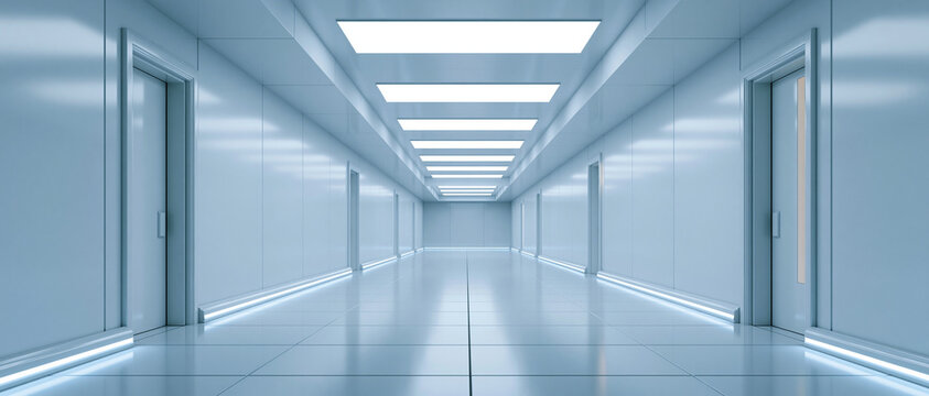 . Empty sterile white corridor with bright fluorescent lights and closed doors. Futuristic hospital, laboratory, or sci-fi liminal space interior background