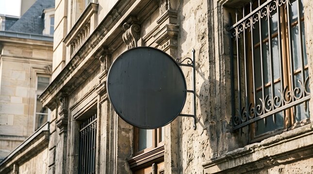 Blank circular signage on historic parisian building facade
