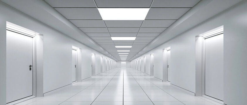 Leerer, steriler wei&szlig;er Korridor mit geschlossenen T&uuml;ren und heller Deckenbeleuchtung. Symmetrische moderne Architektur, Krankenhaus oder futuristischer Labor Hintergrund