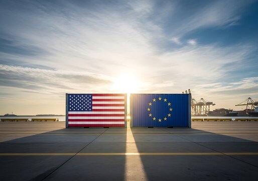 USA vs EU shipping containers with flags on industrial dock at sunrise