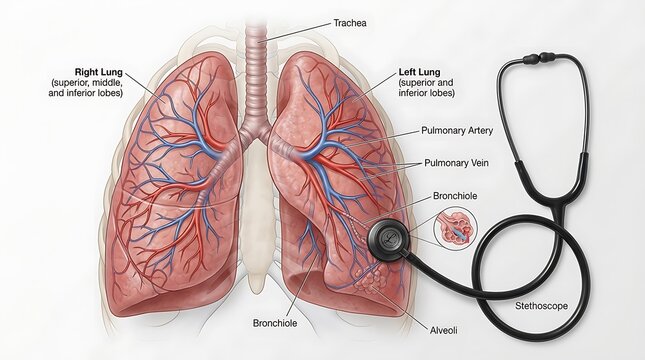 Human lungs anatomy diagram with stethoscope illustration