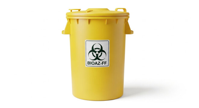 Yellow biohazard waste container with biohazard symbol for medical and laboratory waste disposal