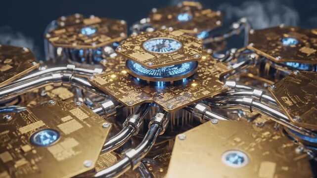 Futuristic quantum processor core with blue light and steam