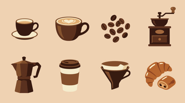 Brown coffee cups and breakfast pastries.