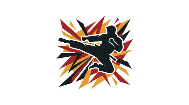 Karate fighter performing a dynamic flying kick with energetic background.