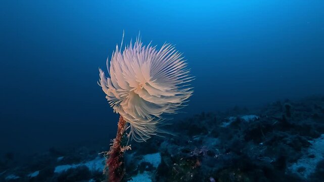 Deep underwater - Yellow feather duster worm 45 meters depth -  Marine life
