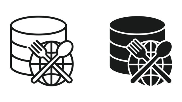 Database and global restaurant icon set featuring server storage and cutlery for food data and culinary management concepts vector illustration in minimalist black and white line art and solid style