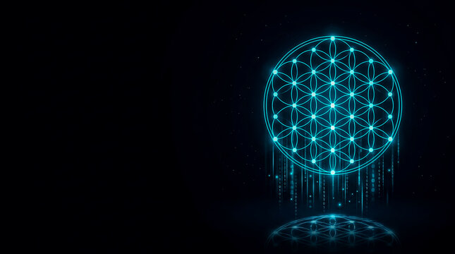 A sleek, glowing image  of a flower-like network structure with binary data drops, symbolizing digital connectivity and innovation.