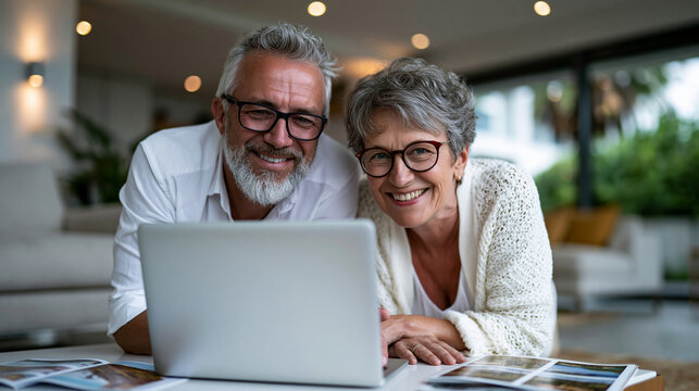 A realistic wide shot of a happy senior couple sitting on a bright living room floor, leaning over a laptop on a low coffee table, surrounded by travel brochures with no text, mapp