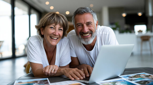 A realistic wide shot of a happy senior couple sitting on a bright living room floor, leaning over a laptop on a low coffee table, surrounded by travel brochures with no text, mapp
