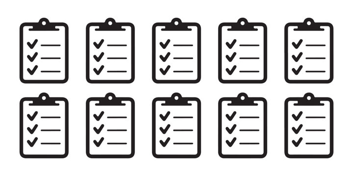 Minimalist clipboard checklist icons for mobile applications and web design layouts on transparent background.
