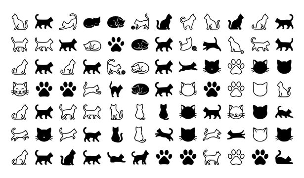 Minimal Cat Outline and Black Silhouette Icon Set Vector Design
