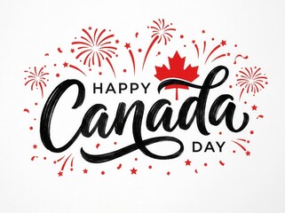 Fototapeta premium Hand-drawn Canada Day celebration greeting with fireworks and maple leaf illustration on white background