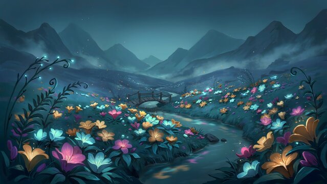 Serene Nighttime Landscape with Mountain Range and Colorful Blooming Flowers