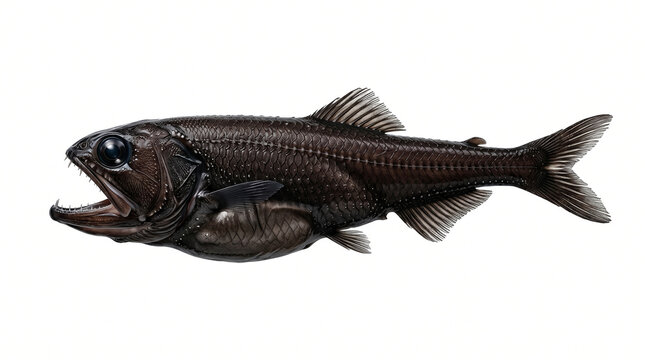 Fangtooth fish swims in the dark depths of the ocean as a predatory deep sea species example.