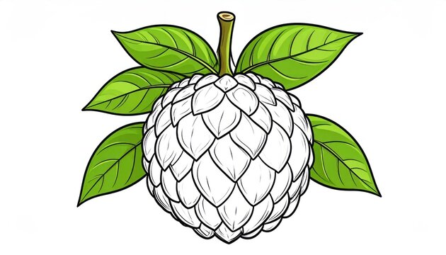 Colored botanical illustration of a sugar apple fruit with leaves.
