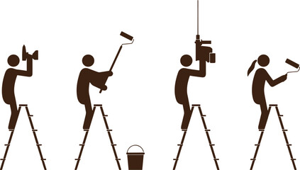 Construction worker stick figure icons on ladders painting and drilling wall for home renovation vector illustration © arifa journal!