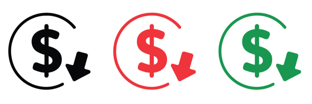 Cost Reduction Icon Vector Illustration with Dollar Symbol and Downward Arrow for Financial Savings and Expense Control in Modern Flat Design.