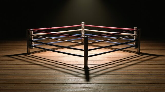 Empty boxing ring spotlights cast long shadows on wooden floor