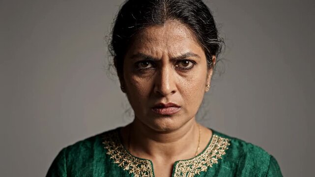 Intense Close Up of an Angry Middle Aged Indian Woman Displaying Frustration and Disappointment in Studio Setting