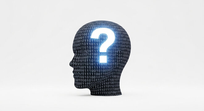 Digital head silhouette with binary code and a question mark representing technology and human curiosity