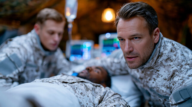 Photorealistic photo of two military paramedics stabilizing an injured soldier on a field stretcher inside a camouflage tent, IV drip bag hanging above, medical monitors glowing so