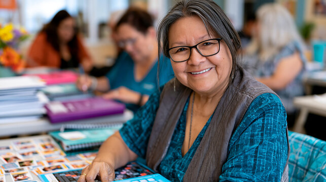 Adult day program coordinator facilitating structured cognitive stimulation activity with dementia prevention participant group in sunny community health center social room, cognitive game materials