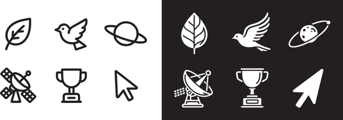 Minimalist vector icon set with leaf bird planet satellite trophy and cursor in outline and solid styles for UI design © Muhammad
