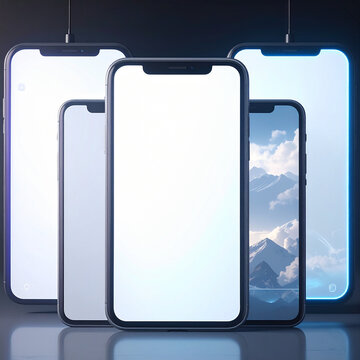 Modern smartphones arranged in a display sleek technology showcase