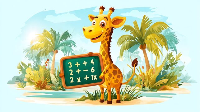 Cheerful cartoon giraffe holding a chalkboard with simple math equations an engaging character for childrens education and learning concepts