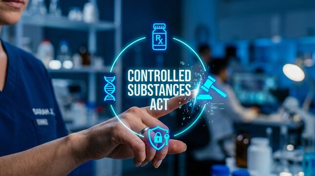 Nurse Pointing at Controlled Substances Act Digital HUD Screen with Rx DNA and Gavel Icons