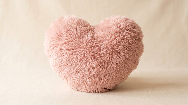 Soft pink heart shaped pillow on beige background