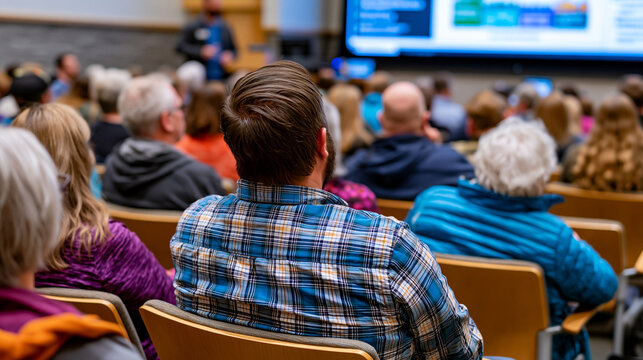 Community health educator delivering dementia prevention lifestyle talk to multigenerational family audience in public hospital health education center auditorium, modifiable cardiovascular risk fac