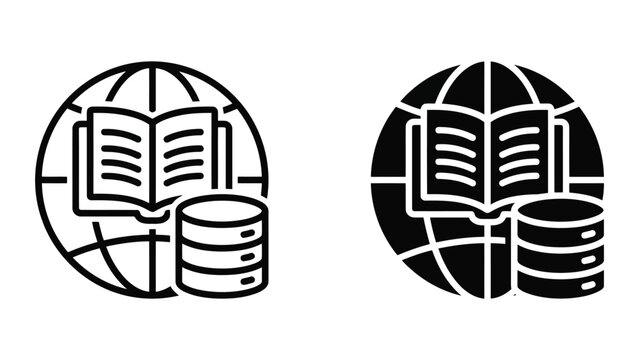 Global digital library and data storage icon set featuring open book and server rack over world globe for educational content management and academic information resources and research databases