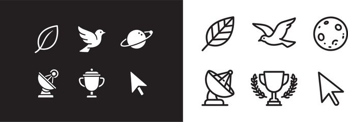 Minimalist vector icon set with leaf bird planet satellite dish trophy and cursor in solid and outline styles for interface design © Muhammad