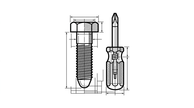 Technical Drawing of a Bolt and Screwdriver with Dimensions.
