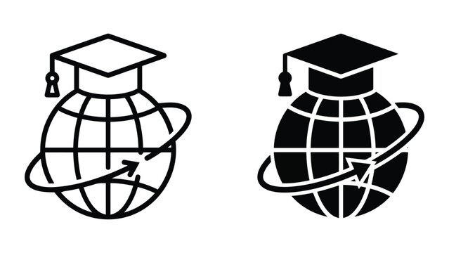 Graduation cap on global sphere with orbiting arrow icon set as flat vector illustration for education technology and international academic studies design concept with black and white variations