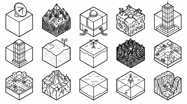 Isometric line art icons of diverse landscapes and urban environments in cube format.