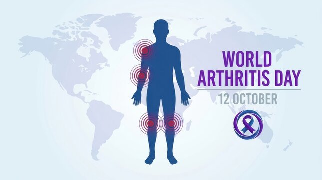 World Arthritis Day October 12th illustration of human body with joint pain on world map.