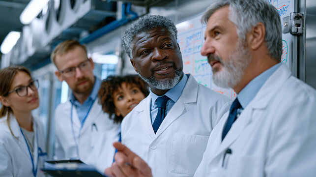 Food processing facility supervisor reviews a HACCP corrective action report with a diverse team of floor leads gathered around a wall-mounted whiteboard inside a temperature-controlled dairy packag