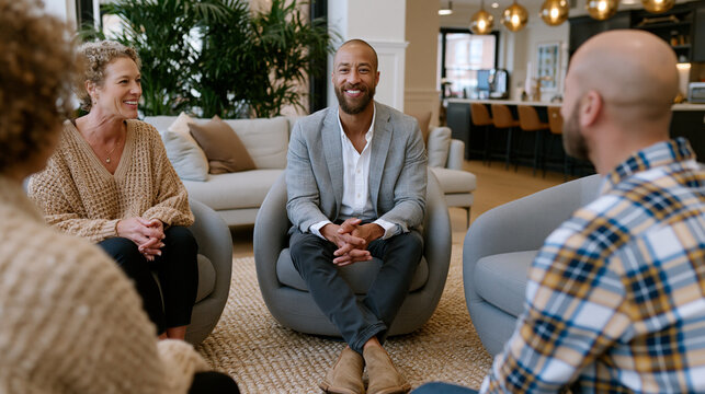 Photorealistic photo of a mediation session in a modern neutral office, three parties seated in a triangle of chairs, a professional mediator in the middle, neutral decor, soft dif