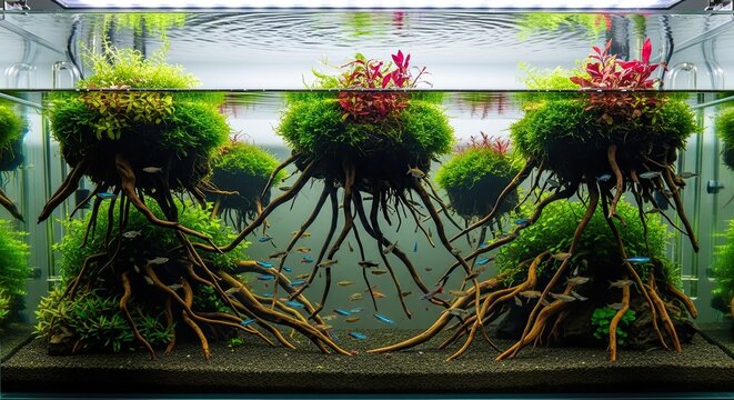 Aquatic Plant Arrangement with Intricate Root Systems and Lush Greenery.