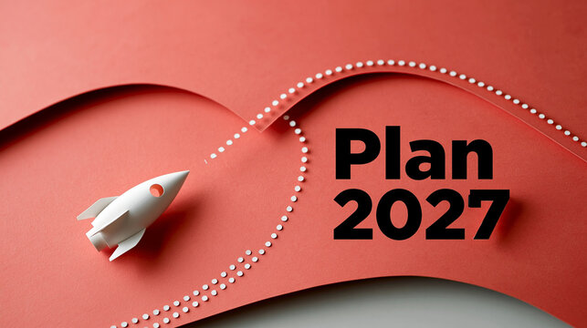 Minimal paper cut style composition with a solid coral background, a small white paper rocket launching diagonally upward from bottom left, a dotted curved white trajectory arc swe