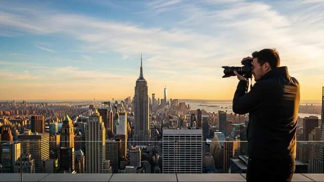 Photographer capturing the new york city skyline at sunset from a highrise observation deck