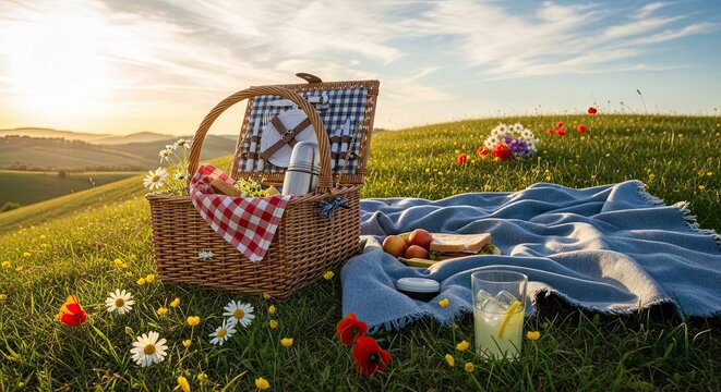 Idyllic Summer Picnic Basket Scene at Golden Hour Sunset.
