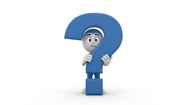 Cute 3D character with a puzzled expression holding large blue question mark on white background