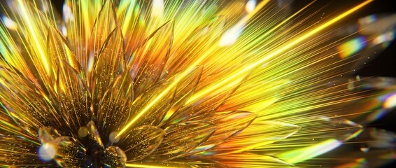 Obraz premium Abstract golden crystal flower glowing with radiant light rays of energetic sparkle, glass petals exploding in amber yellow bloom for luxury presentation background, futuristic conceptual design arts