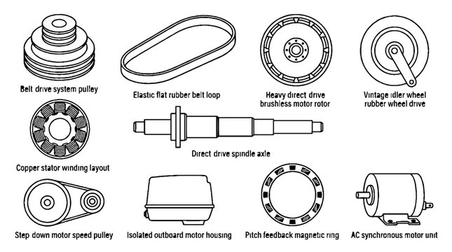 Technical line art illustration of mechanical drive components and electric motor parts set.