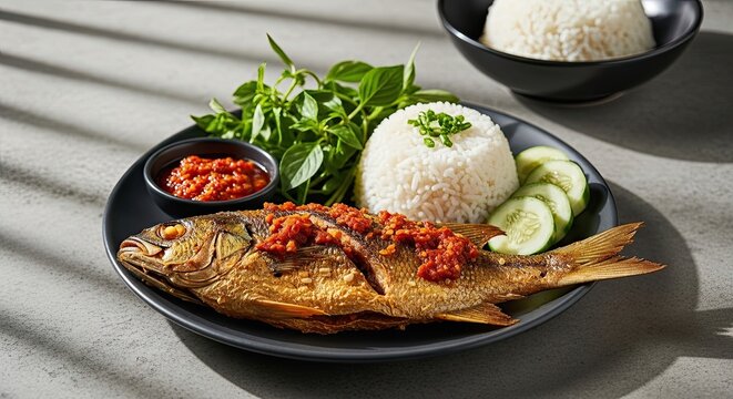 Delicious Fried Fish with Rice and Sambal.