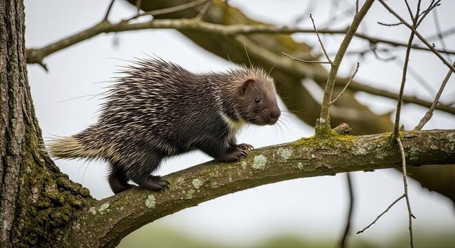 A porcupine carefully walks along a tree branch in its natural habitat.